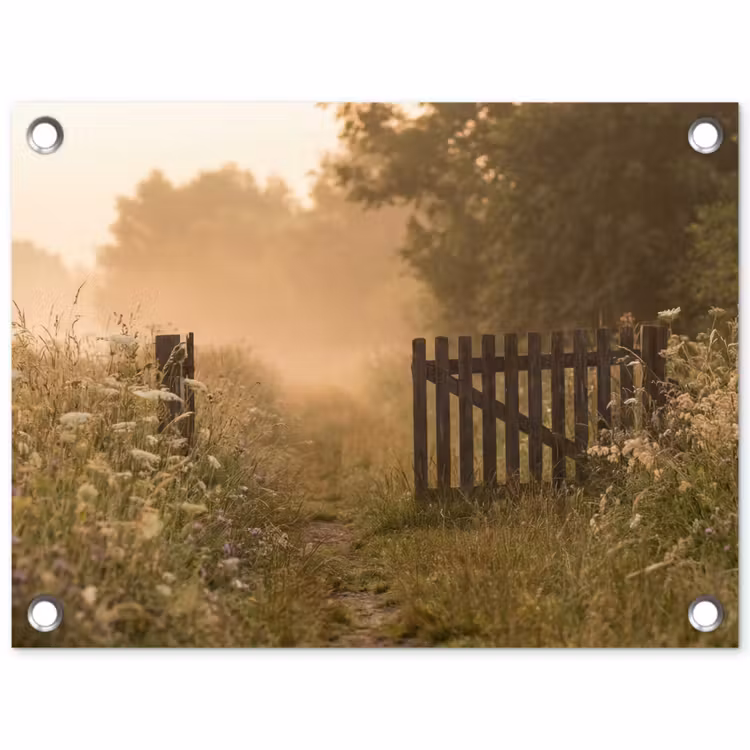Tuinposter - Hek - Natuur - Mist - Veld — 1