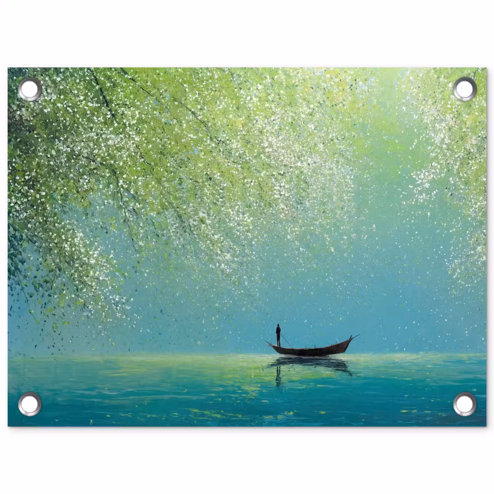 Tuinposter - Bootje - Water - Bladeren - Bloesems — 1