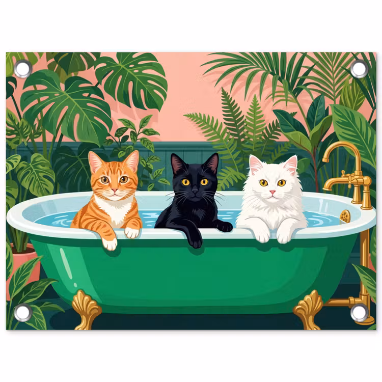 Tuinposter - Badkamer - Kattenparade - Kleurrijk — 1