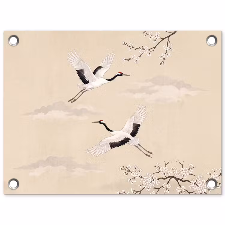 Tuinposter - Kraanvogels - Bloesem - Beige — 1