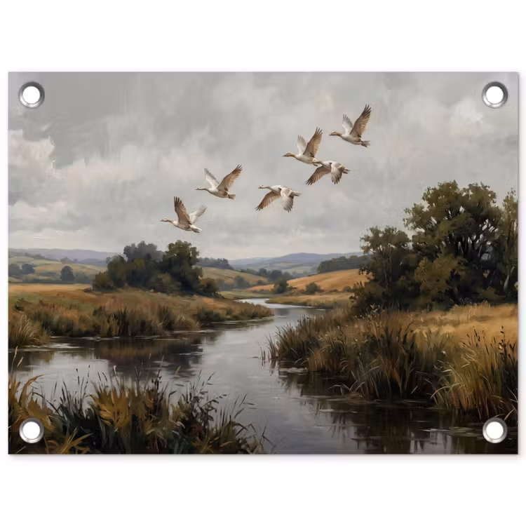 Tuinposter - Eenden - Rivier - Landschap - Vlucht - Nostalgisch — 1