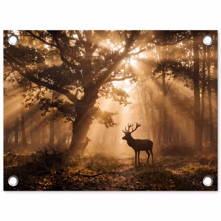 Tuinposter - Hert - Bos - Mistig - Natuur - Goud — 1