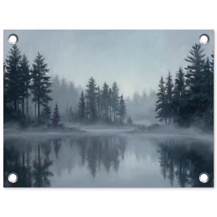 Tuinposter - Bos - Meer - Mist - Natuur - Grijs — 1
