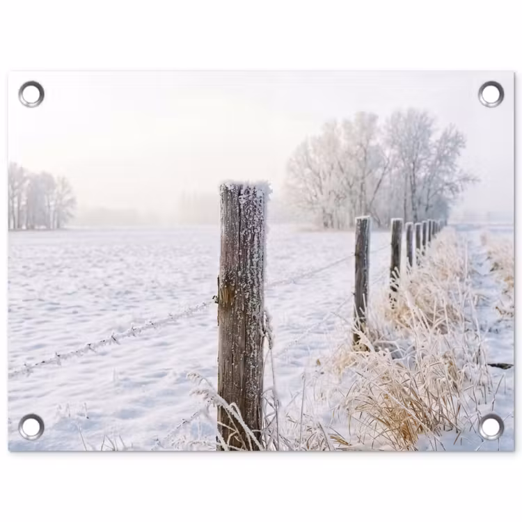 Tuinposter - Hek - Sneeuw - Mist - Platteland - Nostalgisch — 1