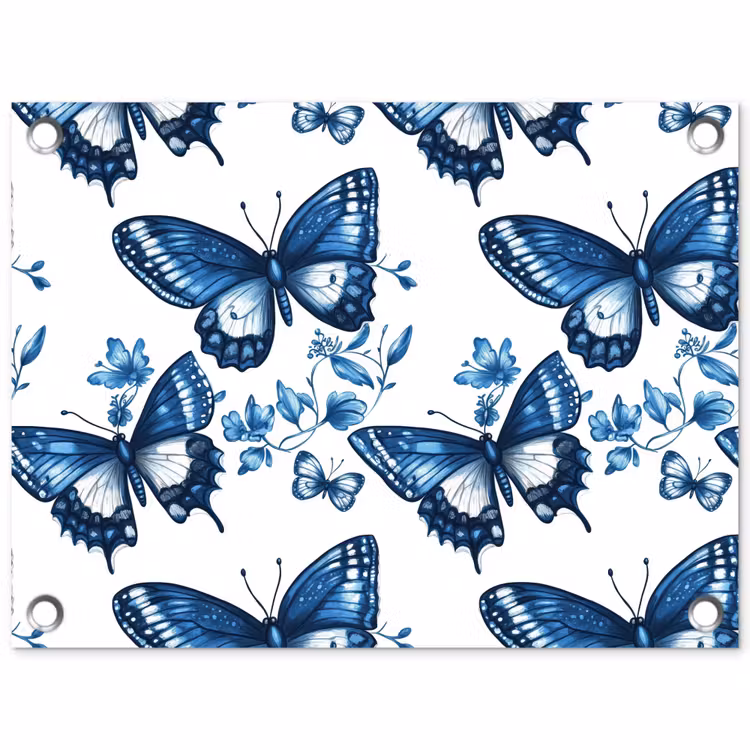 Tuinposter - Blauw - Vlinders - Bloemen - Wit — 1