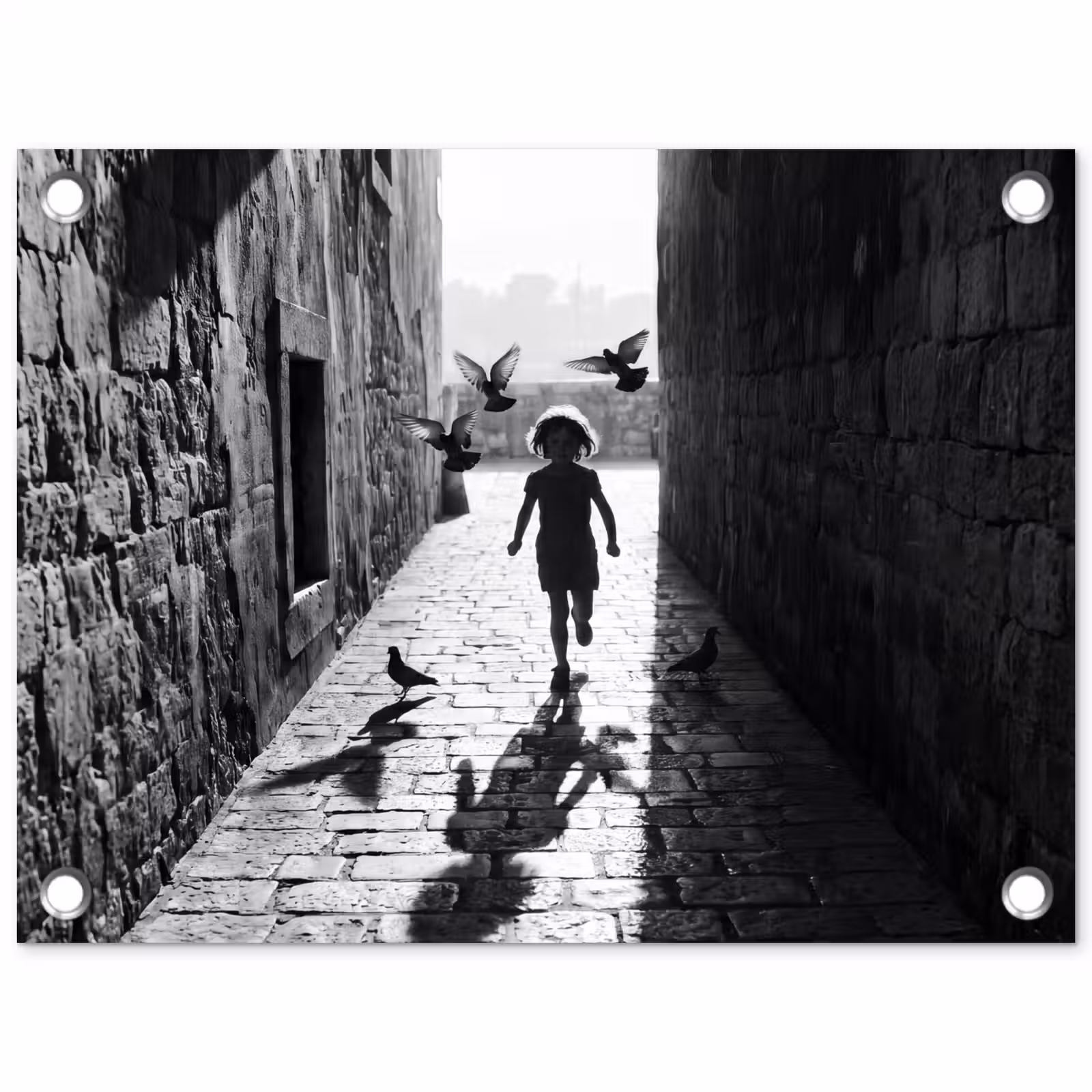 Tuinposter - Kind - Vogel - Straat - Zwart-wit - Spelen — 1