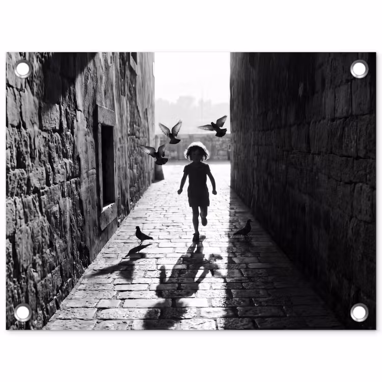Tuinposter - Kind - Vogel - Straat - Zwart-wit - Spelen — 1