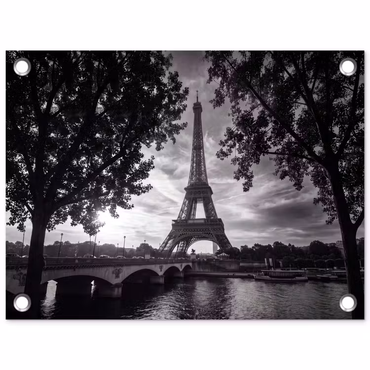 Tuinposter - Eiffeltoren - Parijs - Rivier - Architectuur - Zwart-wit — 1