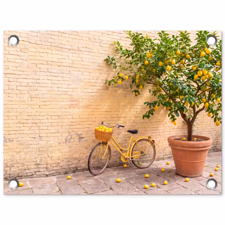 Tuinposter - Fiets - Mand - Eten - Geel - Zomer — 1