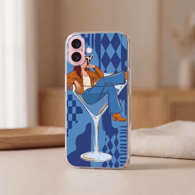 Telefoonhoesje - Vrouw - Martini glas - Abstract - Blauw - Kunst — 3