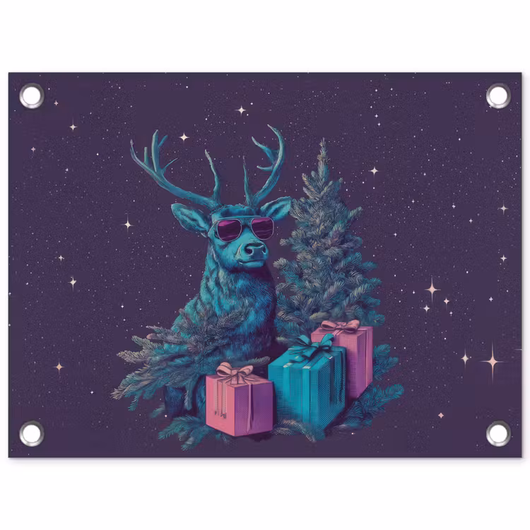 Tuinposter - Rendier - Zonnebril - Neon - Kerstboom — 1