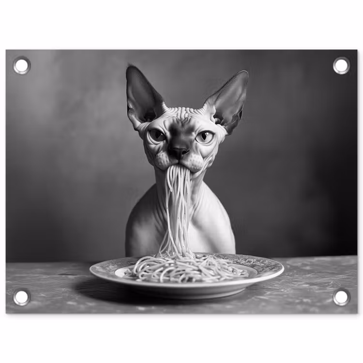 Tuinposter - Sphynx - Kat - Dieren - Humor - Spaghetti - Zwart Wit — 1