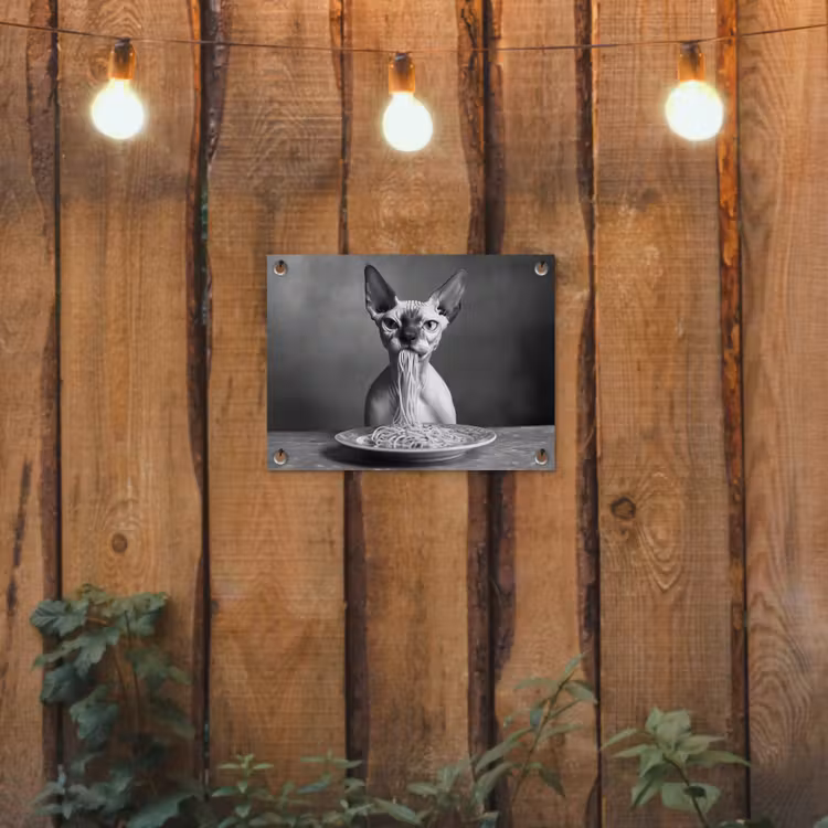 Tuinposter - Sphynx - Kat - Dieren - Humor - Spaghetti - Zwart Wit — 2