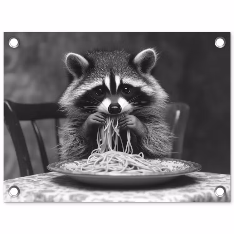 Tuinposter - Wasbeer - Cute - Pasta - Tafelkleed - Zwart - Wit — 1