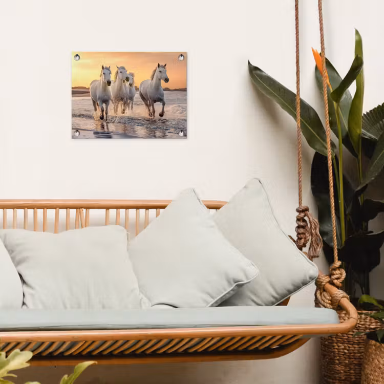 Tuinposter - Witte paarden galopperen langs de kust — 5