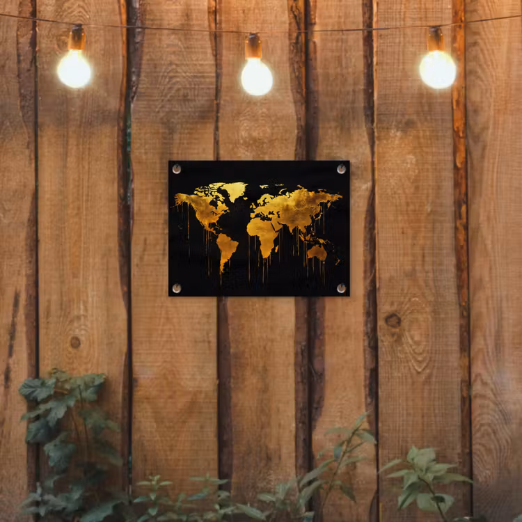 Tuinposter - Wereldkaart - Goud - Druipen - Zwart — 2
