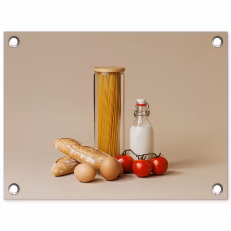 Tuinposter - Spaghetti - Melk - Tomaten - Eieren - Brood — 1