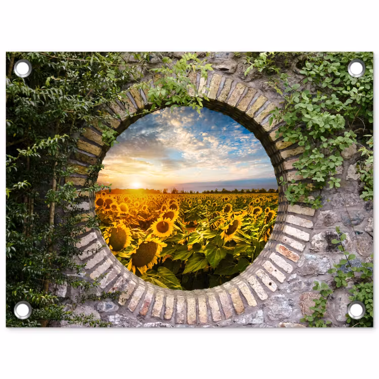 Tuinposter - Ronde poort naar zonnebloemveld — 1