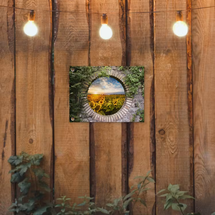 Tuinposter - Ronde poort naar zonnebloemveld — 2
