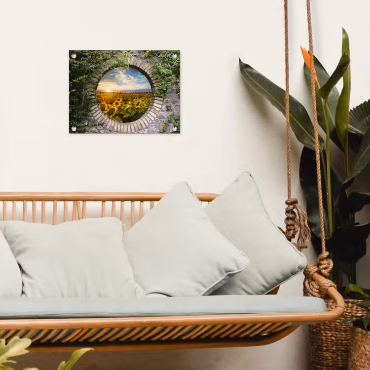 Tuinposter - Ronde poort naar zonnebloemveld — 5
