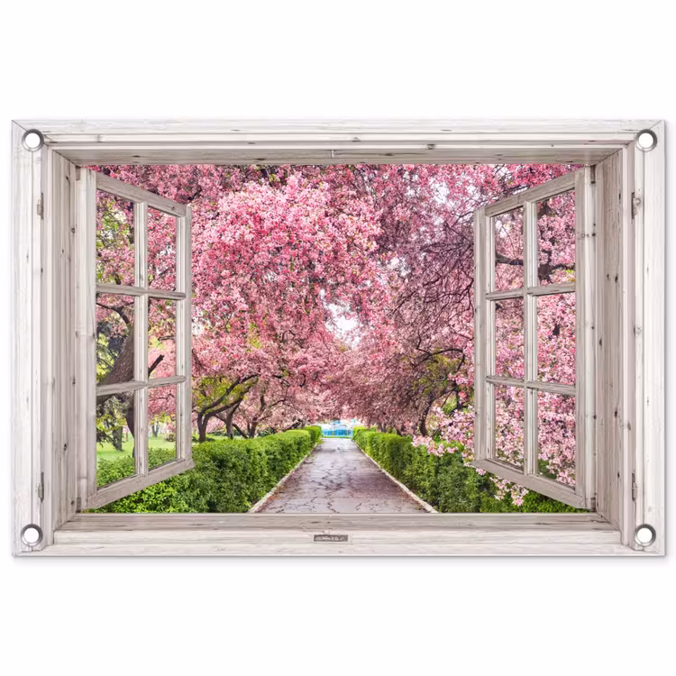 Tuinposter - Uitzicht op Bloeiende Kersenbomen — 1