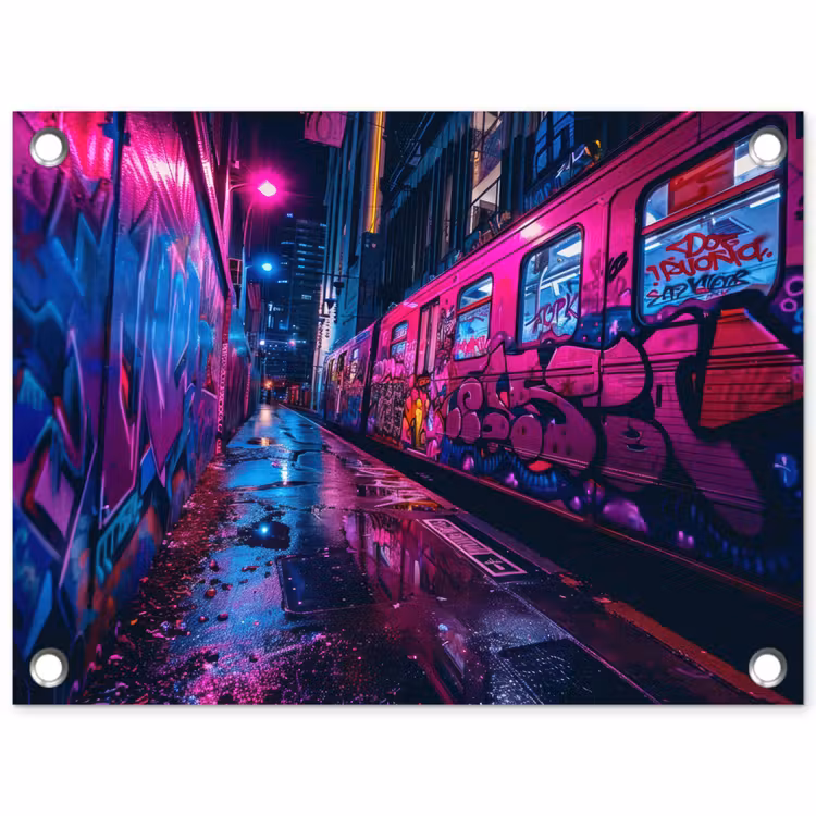 Tuinposter - Stad - Neon - Nacht - Roze - Graffiti — 1
