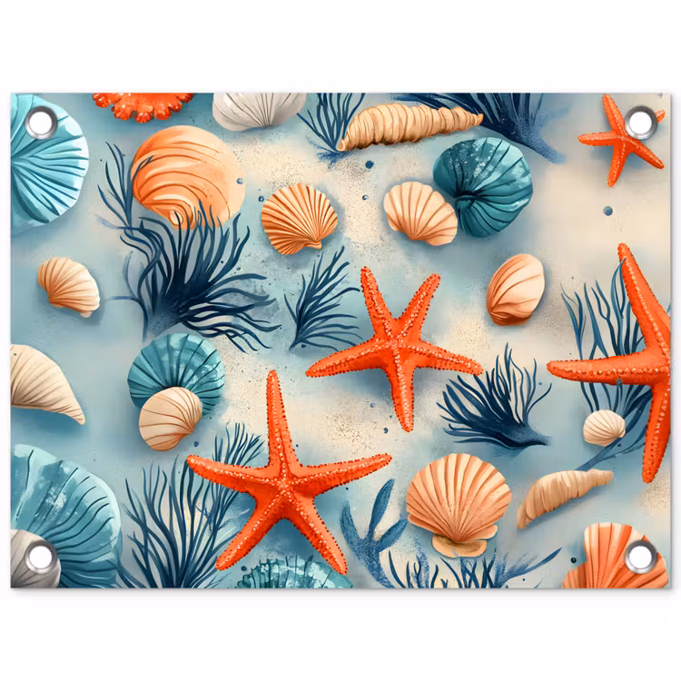 Tuinposter - Zeesterren - Schelpen - Illustratie - Zand — 1