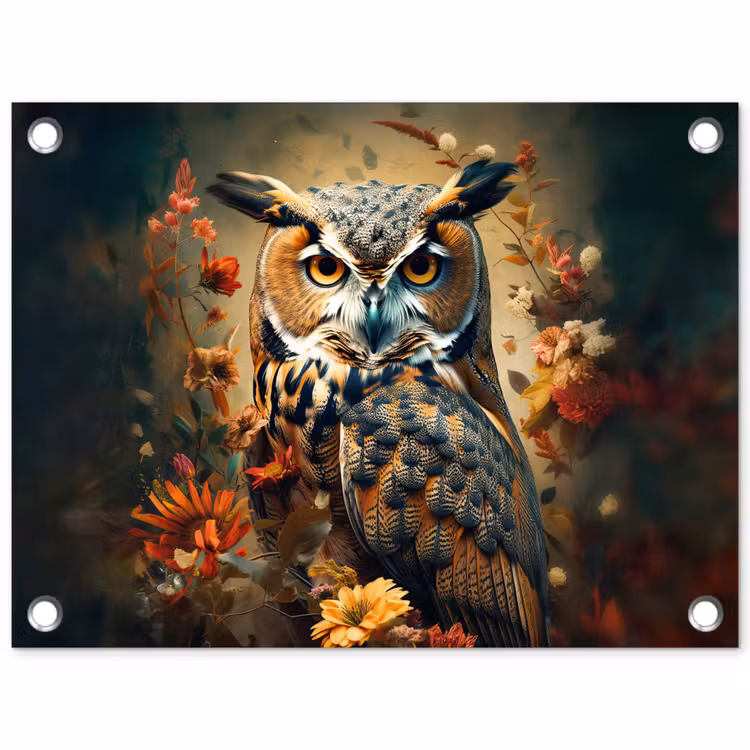 Tuinposter - Uil - Vogel - Bloemen - Planten - Botanisch — 1