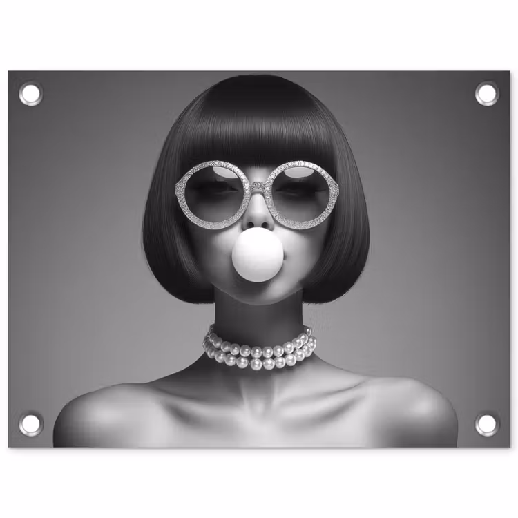 Tuinposter - Vrouw - Zwart Wit - Ketting - Zonnebril — 1