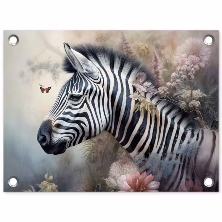 Tuinposter - Zebra - Wilde dieren - Vlinder - Bloemen — 1