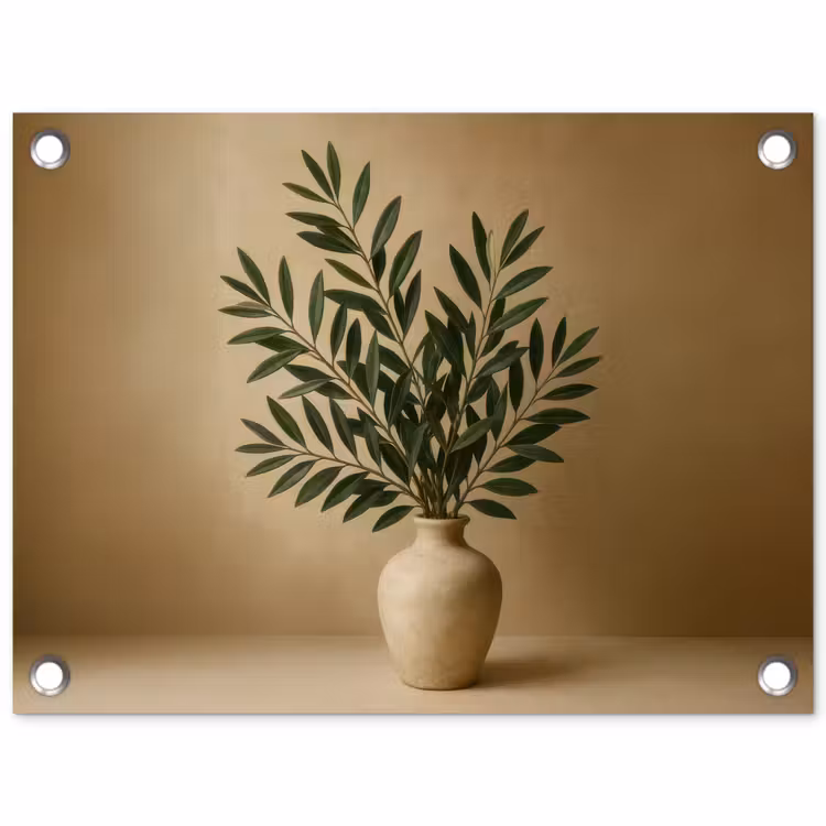 Tuinposter - Vaas - Olijftakken - Bladeren - Beige — 1