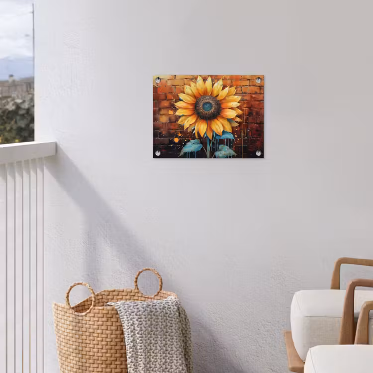 Tuinposter - Zonnebloem op Bakstenen Muur — 3