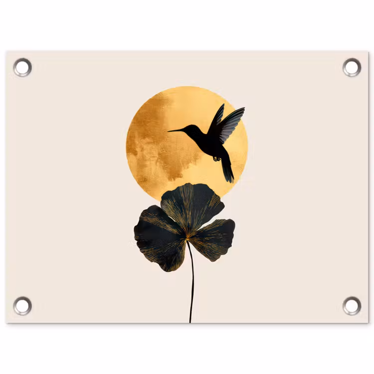 Tuinposter - Zwarte kolibrie - Bloem - Gouden cirkel — 1