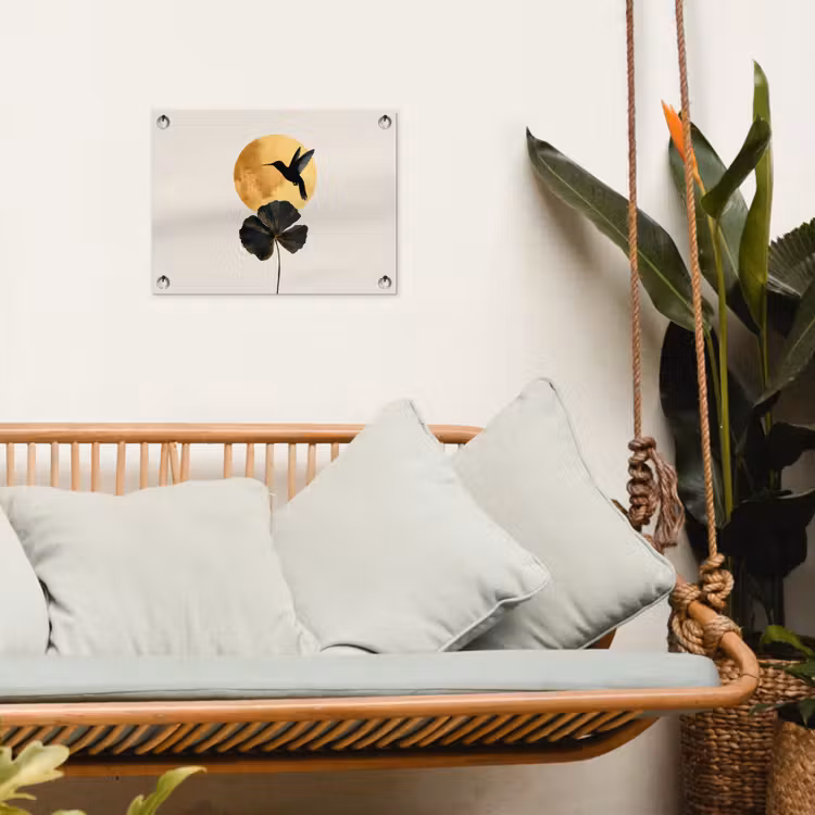 Tuinposter - Zwarte kolibrie - Bloem - Gouden cirkel — 5