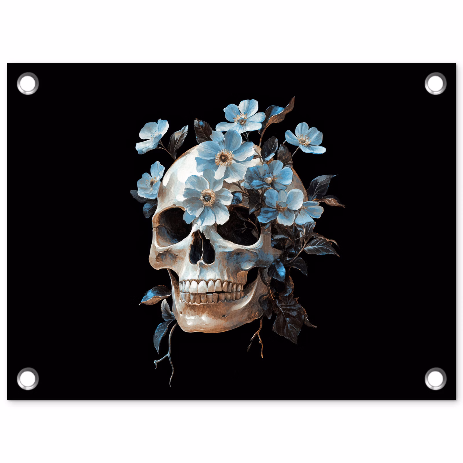 Tuinposter - Schedel - Blauw - Bloemen - Bladeren — 1