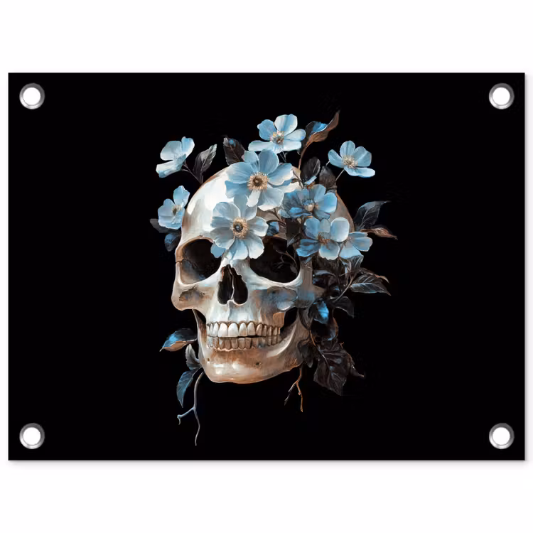 Tuinposter - Schedel - Blauw - Bloemen - Bladeren — 1