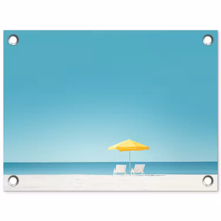 Tuinposter - Strand - Blauwe lucht - Geel - Parasol — 1