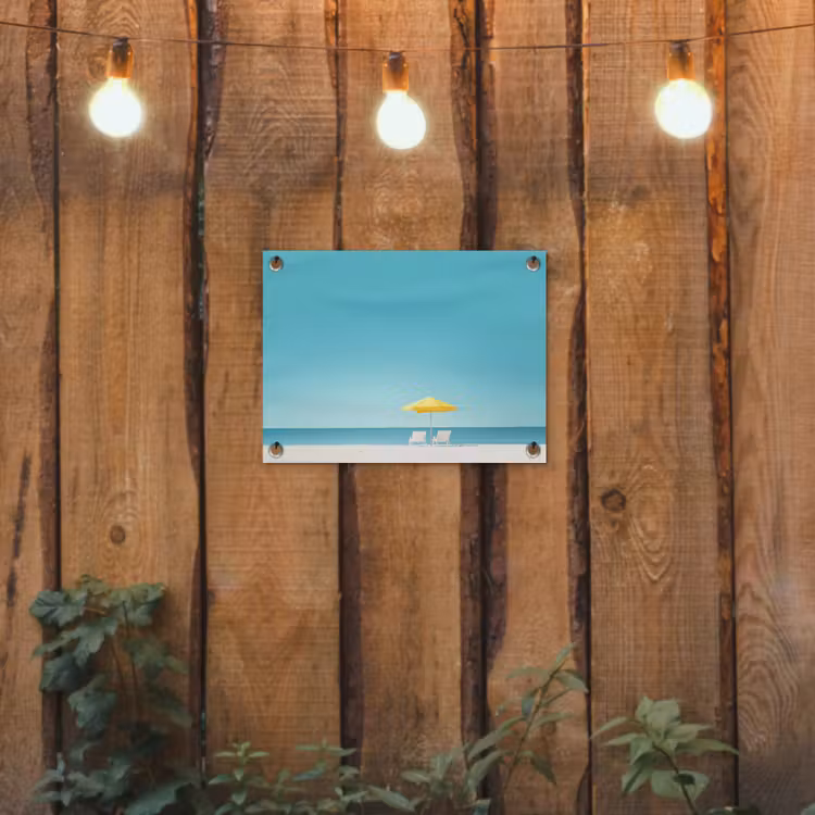 Tuinposter - Strand - Blauwe lucht - Geel - Parasol — 2