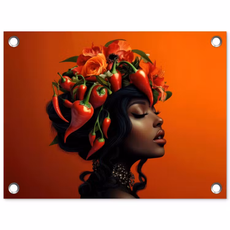 Tuinposter - Vrouw - Chilipepers - Pepers - Bloemen — 1