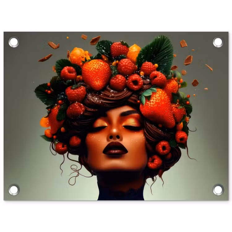 Tuinposter - Vrouw - Chocolade - Frambozen - Aardbeien - Koekjes — 1