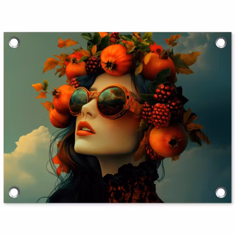 Tuinposter - Vrouw - Granaatappel - Herfst - Zonnebril — 1