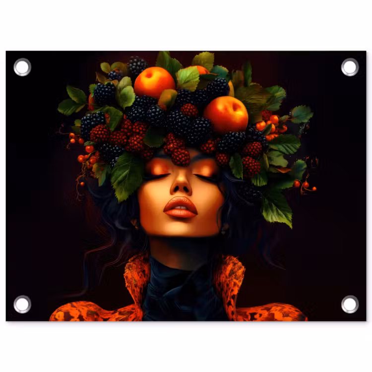 Tuinposter - Vrouw - Zwart - Bessen - Bramen - Appels — 1