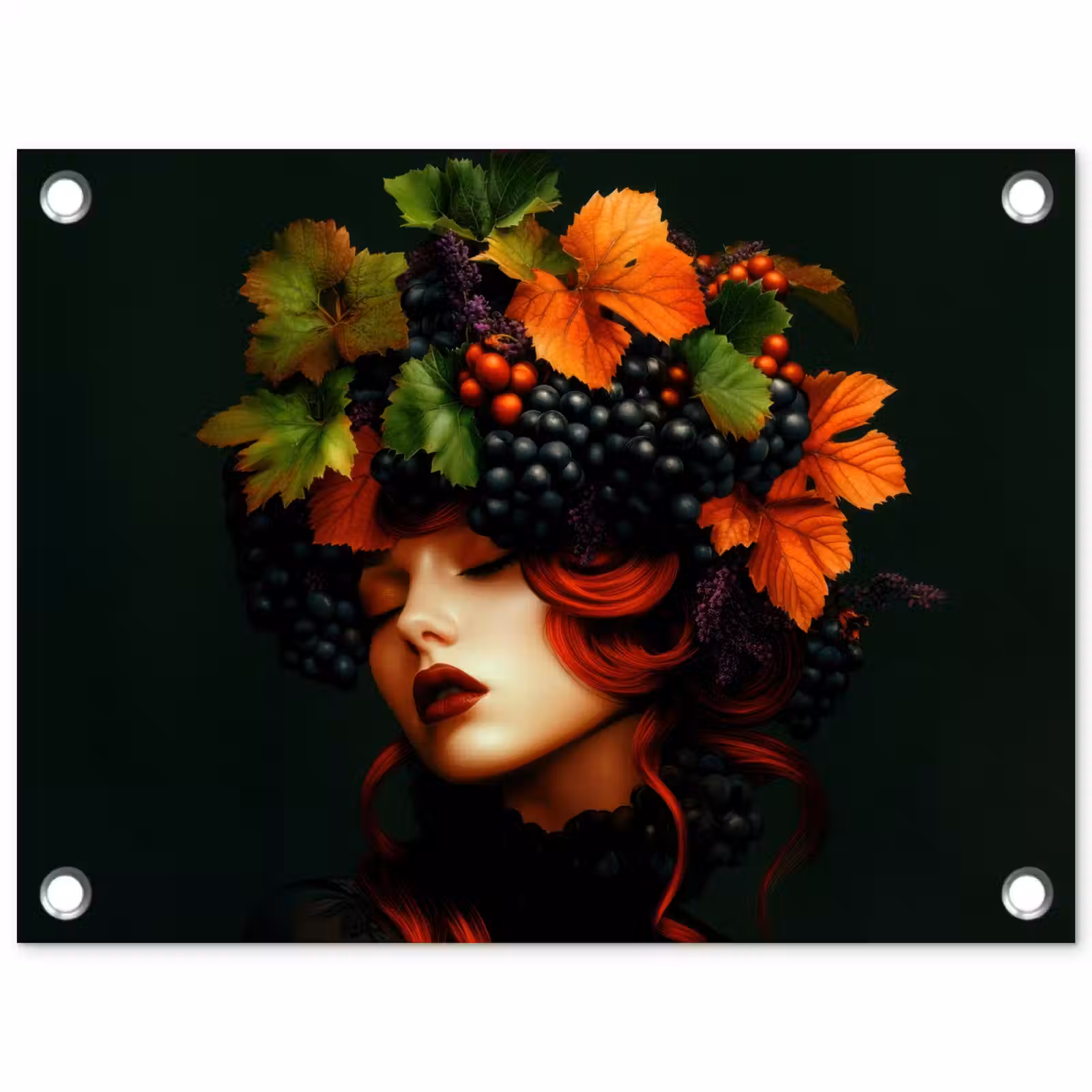 Tuinposter - Vrouw - Rood - Groen - Druiven — 1
