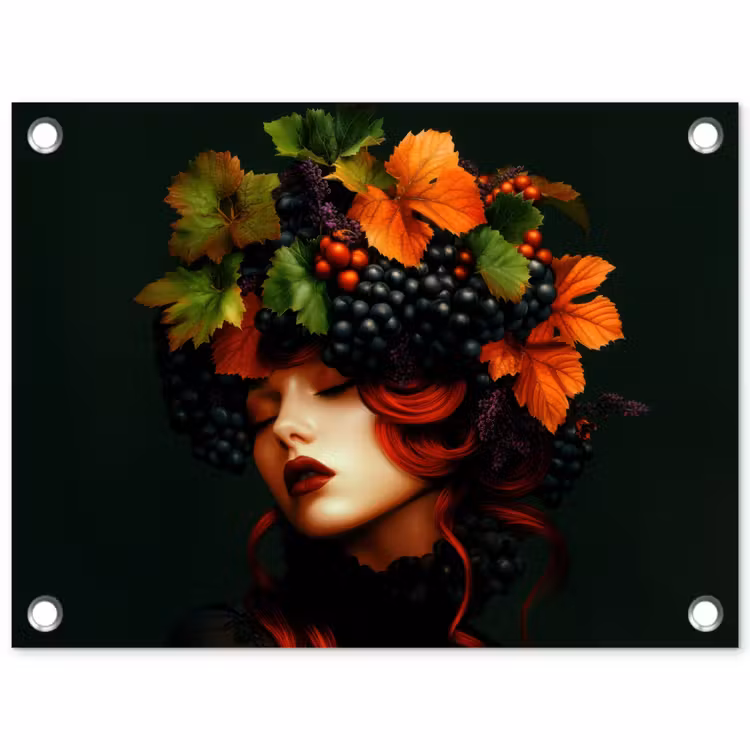 Tuinposter - Vrouw - Rood - Groen - Druiven — 1
