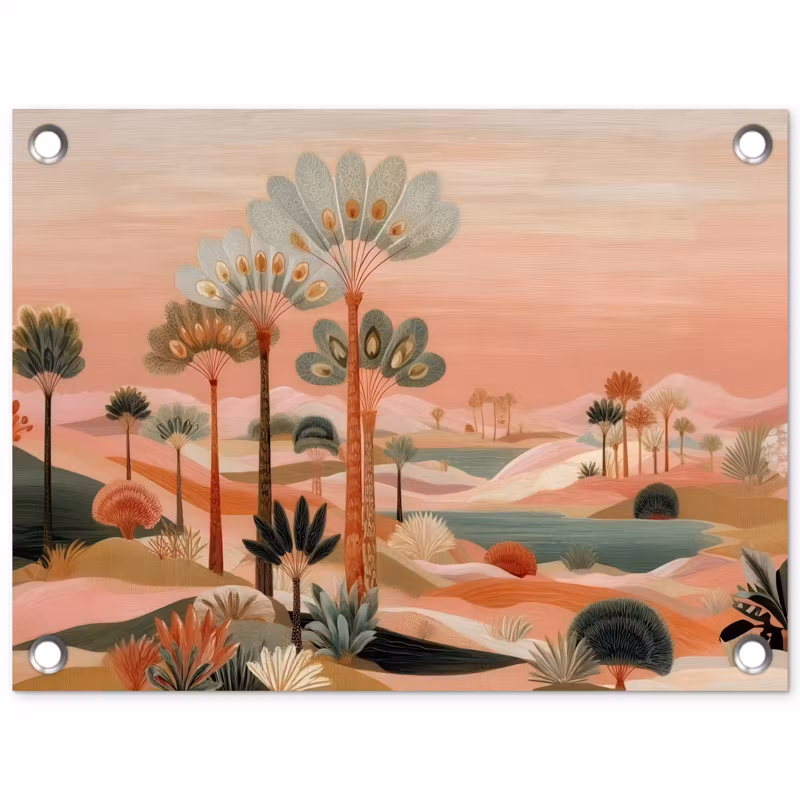 Tuinposter - Roze landschap - Palmen - Water — 1