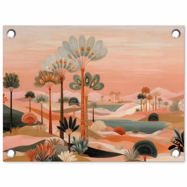 Tuinposter - Roze landschap - Palmen - Water — 1
