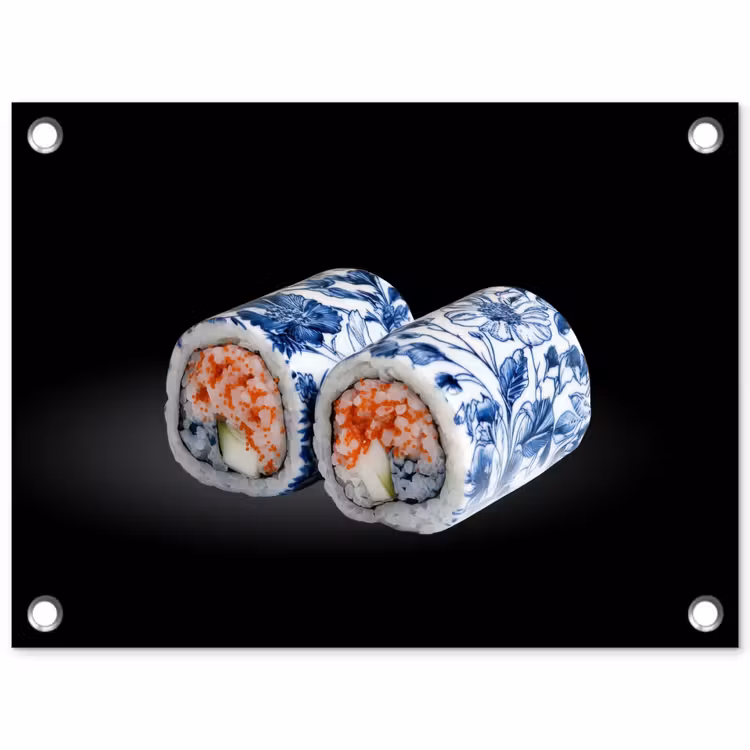 Tuinposter - Sushi - Delfts blauw - Rijst - Vis - Elegant — 1