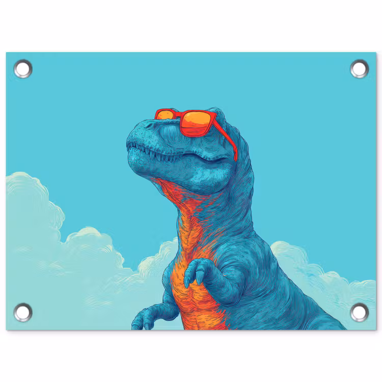 Tuinposter - T-Rex - Blauw - Wolken - Zonnebril — 1