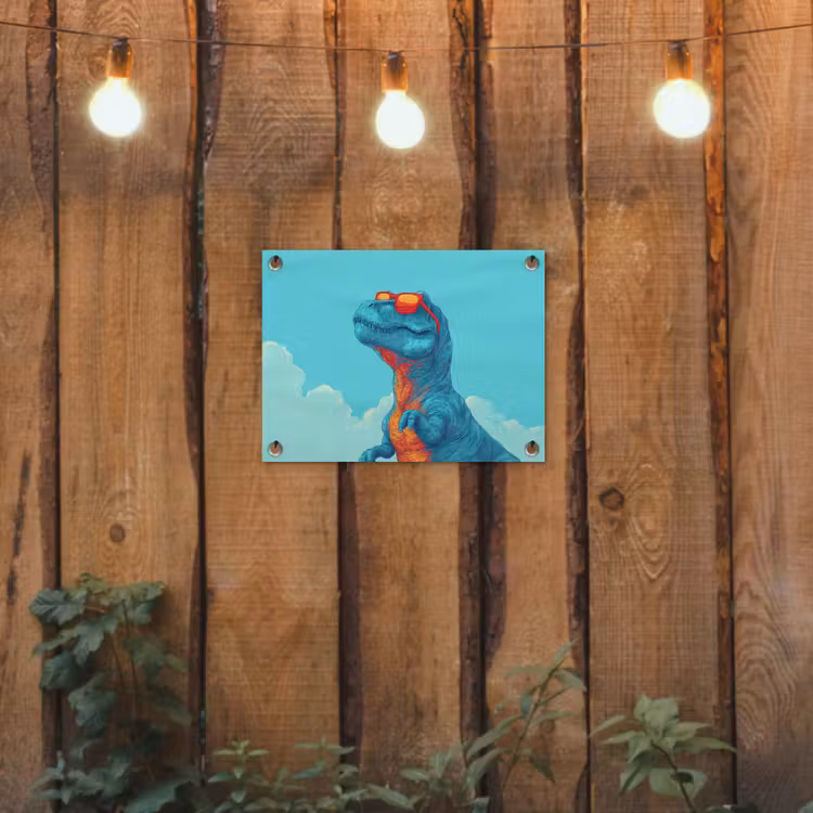 Tuinposter - T-Rex - Blauw - Wolken - Zonnebril — 2