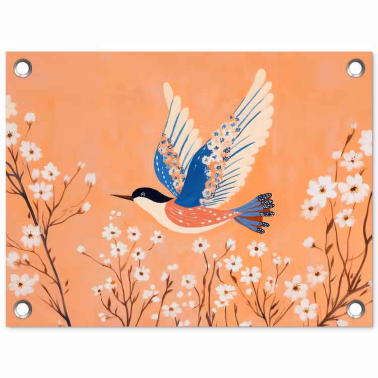 Tuinposter - Vogel - Bloesemtakken - Warm - Kleurrijk — 1